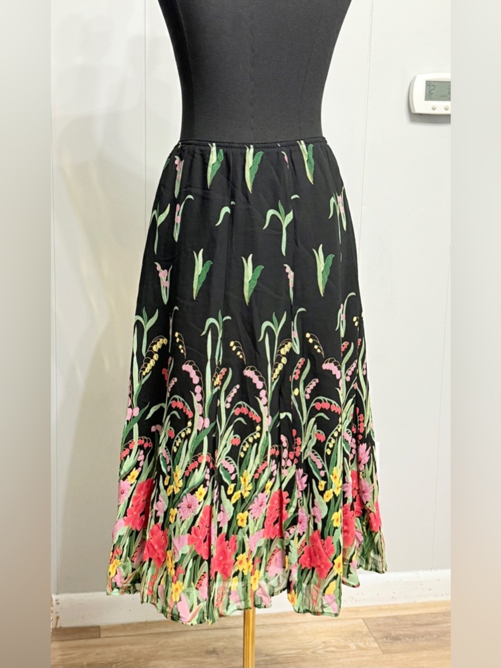 JM Collection Black Midi Skirt with Pink & Green Floral Border